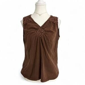 St John Bay Vintage Brown Cotton V Neck Sleeveless Casual Going Y2K Top Size L